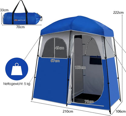  COSTWAY Duschzelt 2 Räume Umkleidezelt Toilettenzelt Mit Tragetasche, Beistellzelt Stehzelt Campingzelt Strand Für 2 Personen 210x106x222cm