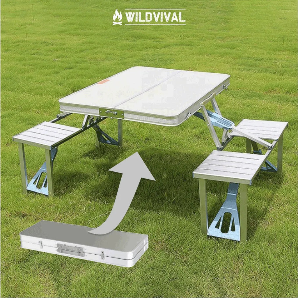  Camping-Tisch Für 4 Personen Von Wildvival| Outdoor-Tisch Garnitur | Camping-Tisch Mit Vier Sitzplätzen | Handlicher Koffer | Faltbarer Picknick-Tisch | Klappbarer Garten-Tisch