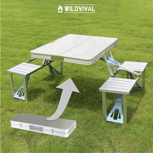  Camping-Tisch Für 4 Personen Von Wildvival| Outdoor-Tisch Garnitur | Camping-Tisch Mit Vier Sitzplätzen | Handlicher Koffer | Faltbarer Picknick-Tisch | Klappbarer Garten-Tisch