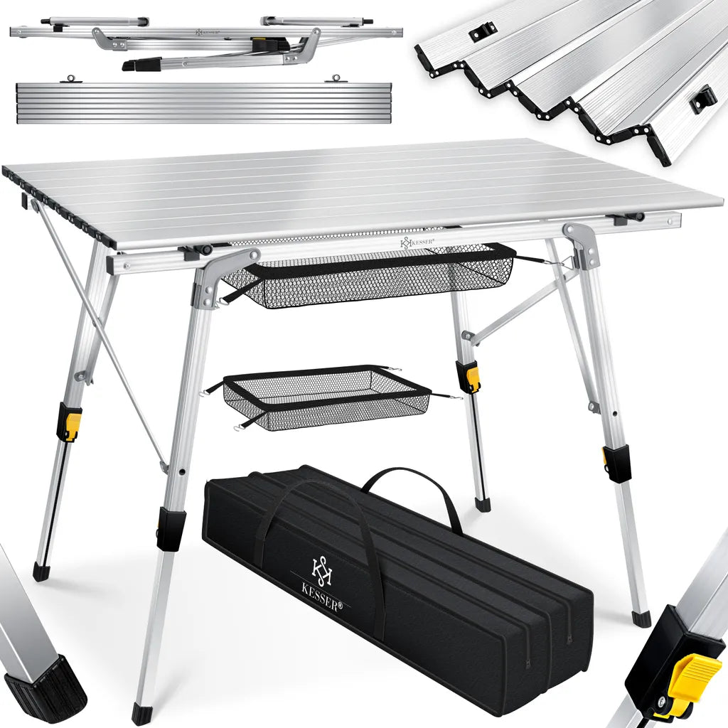  KESSER® Campingtisch Faltbar Klapptisch Camping Tisch Mit Aluminiumrahmen Aufrollbare Tischplatte Falttisch Klappbar Mit Höhenverstellung Inkl. Tragetasche Mit Trageband 90 X 53cm - Bis 30 Kg, Farbe:Silber
