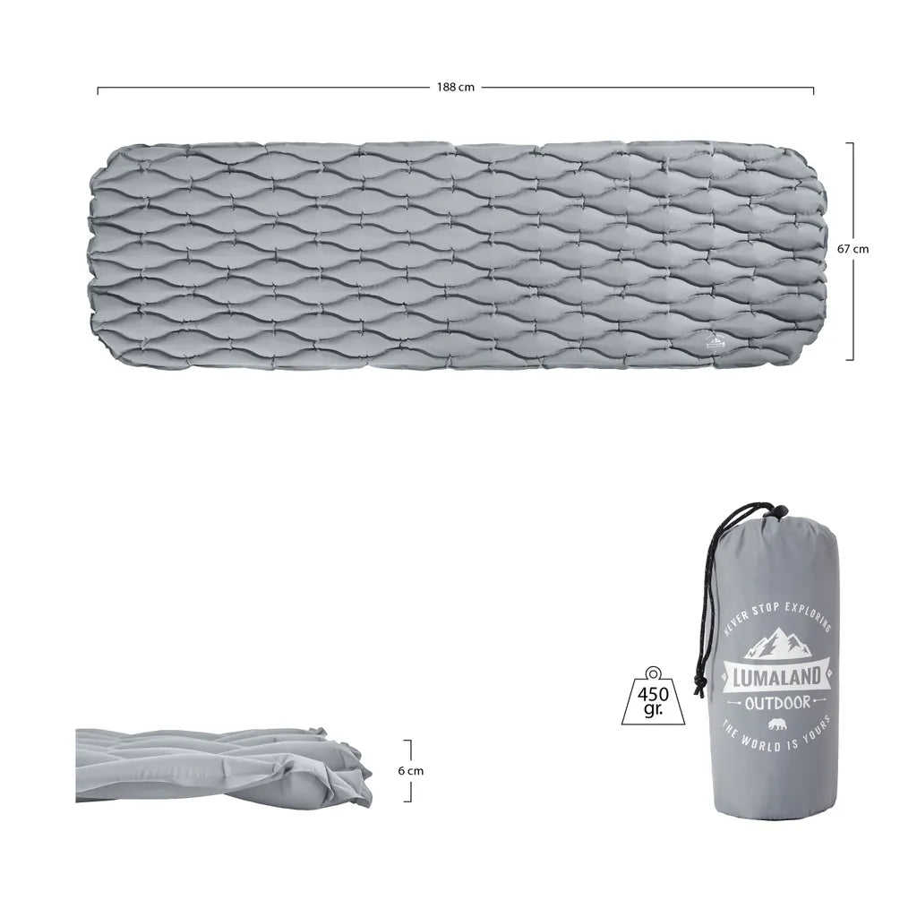  Lumaland Outdoor Campingmatte Isomatte Schlafmatte Aufblasbare Luftmatratze Fürs Zelt 188 X 60 X 6 Cm Hellgrau