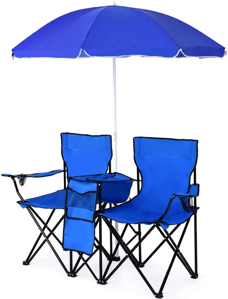  COSTWAY Campingstuhl Mit Sonnenschirm, Klappstuhl Für Paare, Doppel Angelstuhl Faltbar Mit Getränkehalter Kühltasche