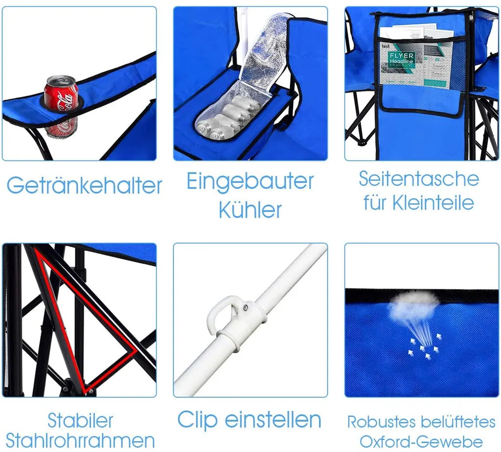  COSTWAY Campingstuhl Mit Sonnenschirm, Klappstuhl Für Paare, Doppel Angelstuhl Faltbar Mit Getränkehalter Kühltasche