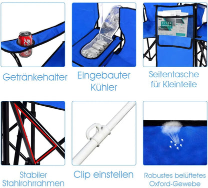  COSTWAY Campingstuhl Mit Sonnenschirm, Klappstuhl Für Paare, Doppel Angelstuhl Faltbar Mit Getränkehalter Kühltasche