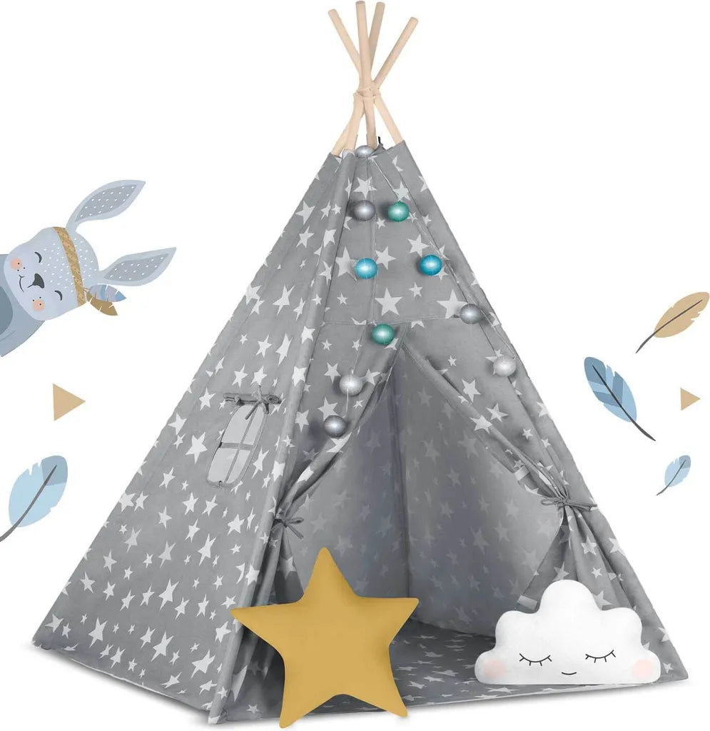  Tipi Zelt Spielzelt Baumwolle Kinderzelt Mit 2 Kissen Matratze Beleuchtung - Grau Mit Sternen