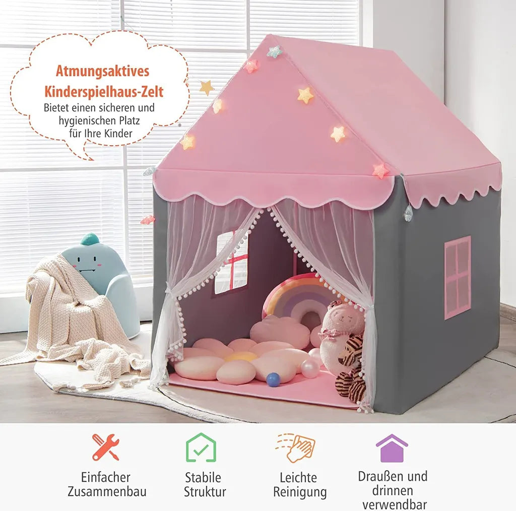 COSTWAY Kinderspielhaus Mit Sternenlichter, Prinzessin Prinzess Kinderzelt Mit Fenster & Matte, Spielzelt Mit Doppeltem Vorhang, Kinderspielzelt, Kinderspielburg Für Jungen Und Märchen, Rosa