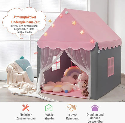  COSTWAY Kinderspielhaus Mit Sternenlichter, Prinzessin Prinzess Kinderzelt Mit Fenster & Matte, Spielzelt Mit Doppeltem Vorhang, Kinderspielzelt, Kinderspielburg Für Jungen Und Märchen, Rosa