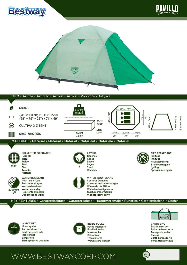 Bestway Campingzelt "Cultiva X 3" 340 X 180 Cm, 68046