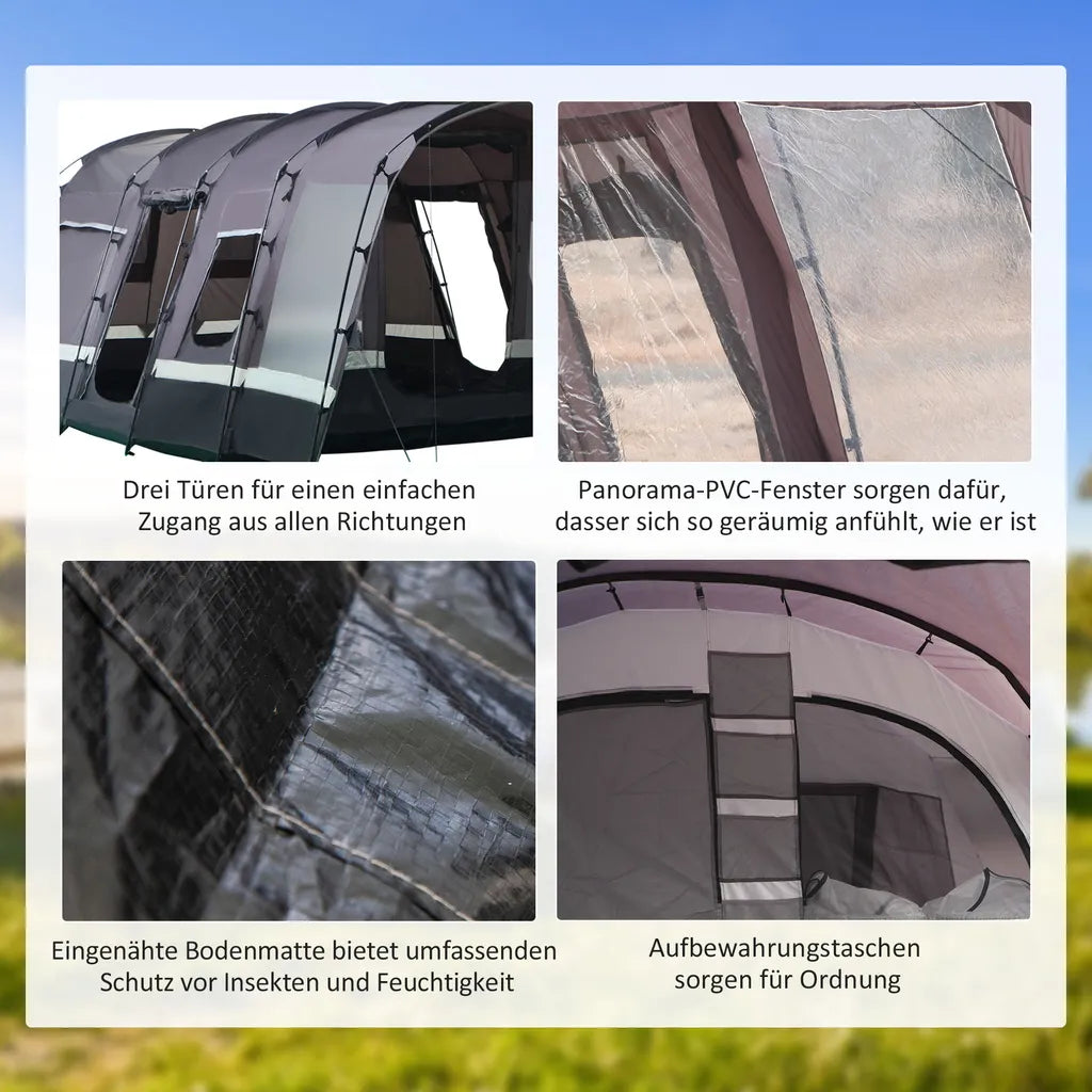 Outsunny Camping Zelt 8 Personen Zelt Tunnelzelt Mit Vorraum 4 Fenster Familienzelt PU3000mm Für Trekking Festival Glasfaser Dunkelgrau 580 X 320 X 215 Cm