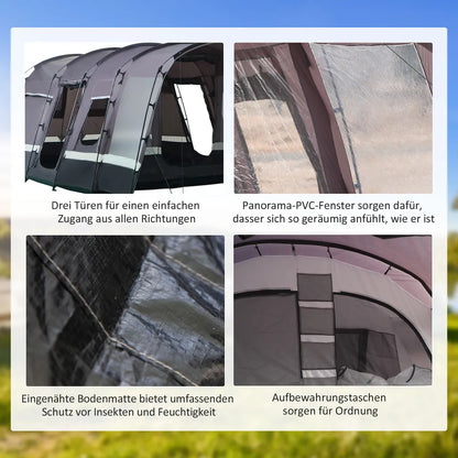  Outsunny Camping Zelt 8 Personen Zelt Tunnelzelt Mit Vorraum 4 Fenster Familienzelt PU3000mm Für Trekking Festival Glasfaser Dunkelgrau 580 X 320 X 215 Cm