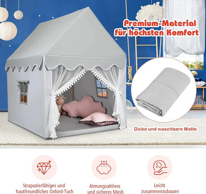  COSTWAY Kinderspielhaus Kinderzelt Spielhaus Prinzess Prinzessin, Kinderspielzelt Stoffzelt Mit Massivholzrahmen & Baumwolldecke, Kinderspielburg Für Jungen Märchen 120x105x140cm (Grau)