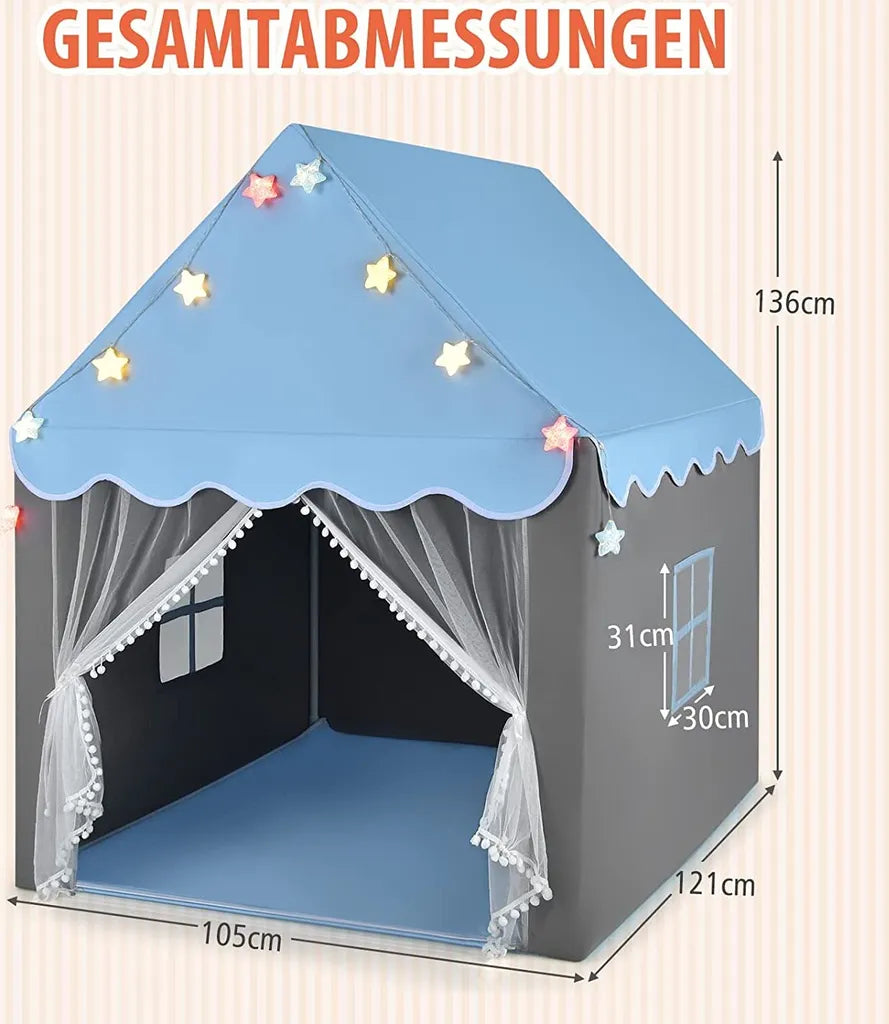  COSTWAY Kinderspielhaus Mit Sternenlichter, Prinzessin Prinzess Kinderzelt Mit Fenster & Matte, Spielzelt Mit Doppeltem Vorhang, Kinderspielzelt, Kinderspielburg Für Jungen Und Märchen (Blau)