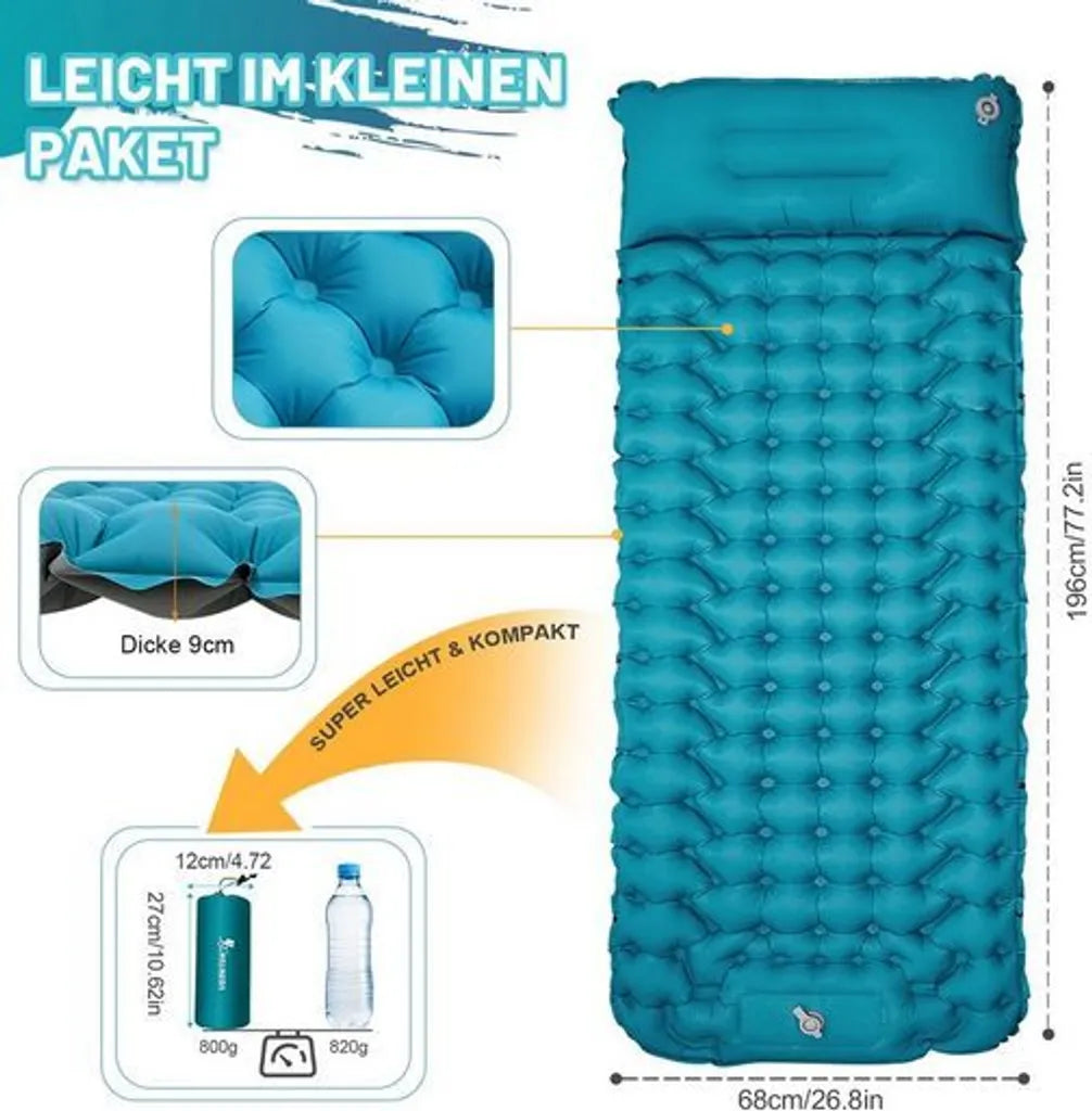 Isomatte Camping Aufblasbar, 9cm Dicke Isomatten Camping Ultraleicht Mit Kissen Isomatte Selbstaufblare Schlafmatte, Wasserdichte & Faltbare