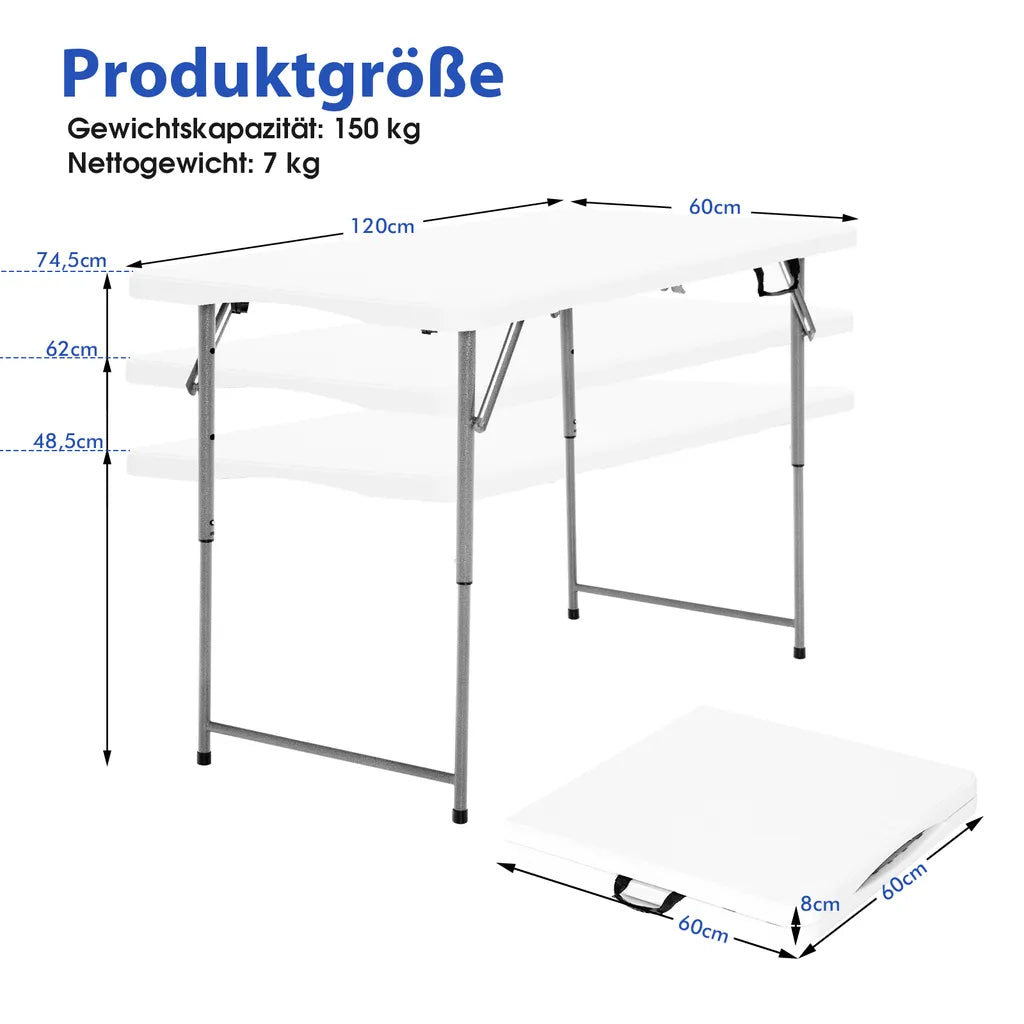 COSTWAY Tragbarer Campingtisch Klapptisch, Klappbarer Gartentisch Mit Tragegriff, Höhenverstellbar, Für Camping, Hochzeit, Party, 120 X 60 X 74,5 Cm