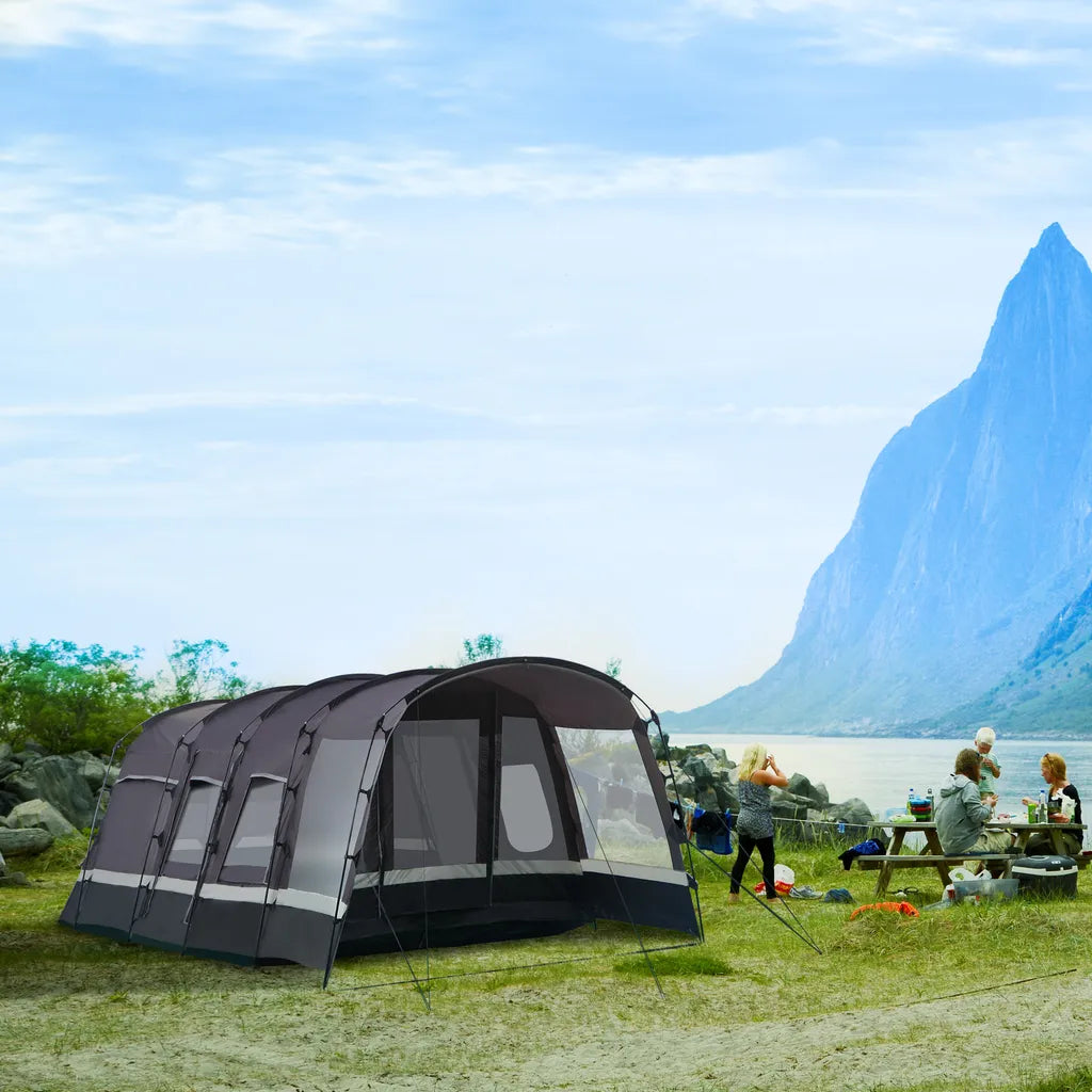  Outsunny Camping Zelt 8 Personen Zelt Tunnelzelt Mit Vorraum 4 Fenster Familienzelt PU3000mm Für Trekking Festival Glasfaser Dunkelgrau 580 X 320 X 215 Cm