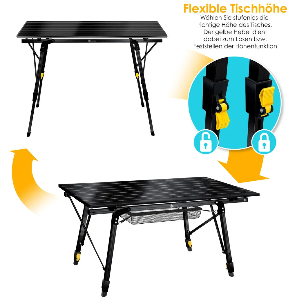  KESSER® Campingtisch Faltbar Klapptisch Camping Tisch Mit Aluminiumrahmen Aufrollbare Tischplatte Falttisch Klappbar Mit Höhenverstellung Inkl. Tragetasche Mit Trageband 90 X 53cm - Bis 30 Kg, Farbe:Schwarz