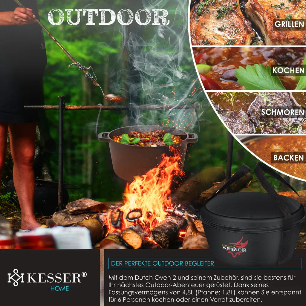  KESSER® Dutch Oven 2in1 Gusseisen Topf 4,8L Und Pfanne 1,8L Einsatzfertig Eingebrannt Inkl. Kochbuch Schmortopf Doppelfunktion Deckel/Bratpfanne Für Küche Camping Garten BBQ Backen Gasgrill, Farbe:Schwarz