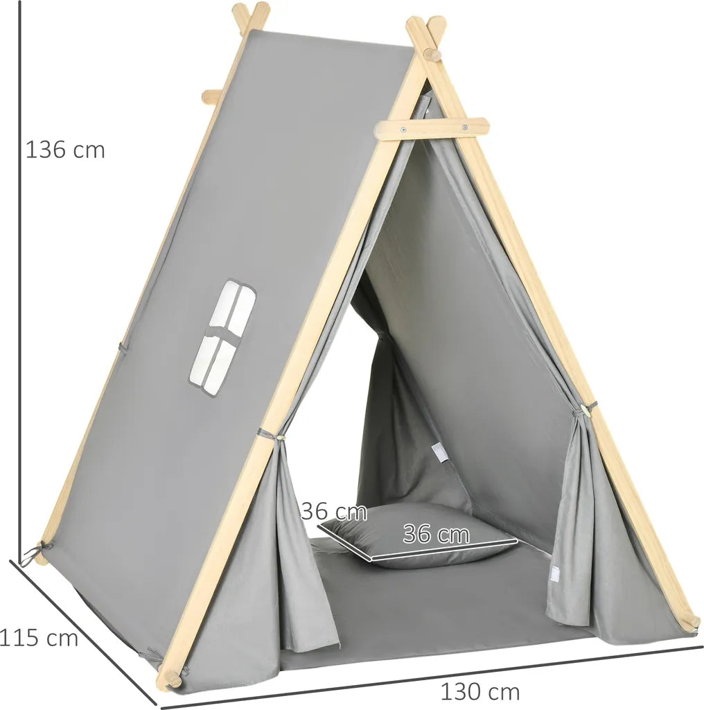  HOMCOM Kinder Teepee Tipi Zelt Mit Fenster Indoor Outdoor Kinderspielzelt Spieltipi Mit Kissen Polyester Kieferholz Lesen Spielen Ausruhen 3-6 Jahren Grau 130 X 115 X 136 Cm