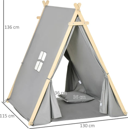  HOMCOM Kinder Teepee Tipi Zelt Mit Fenster Indoor Outdoor Kinderspielzelt Spieltipi Mit Kissen Polyester Kieferholz Lesen Spielen Ausruhen 3-6 Jahren Grau 130 X 115 X 136 Cm