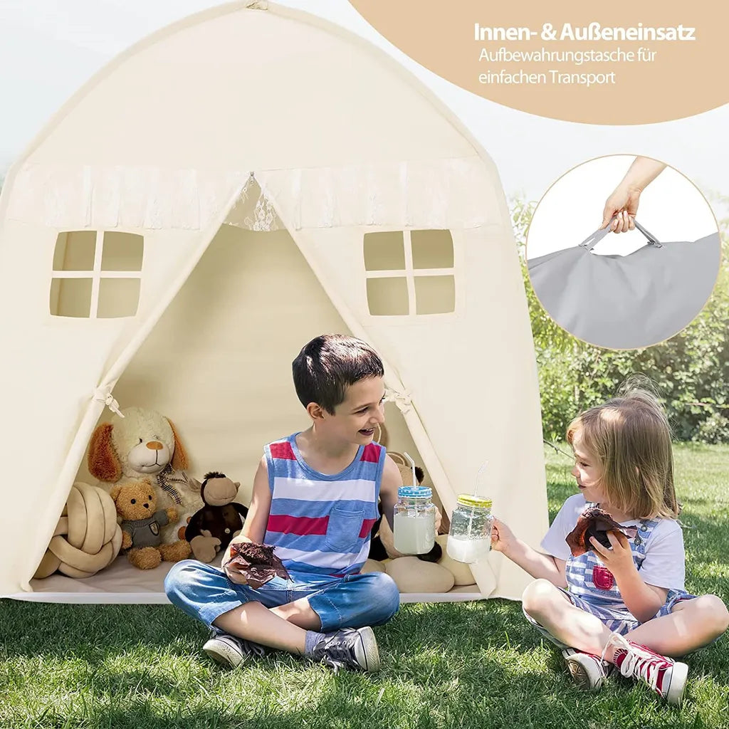  COSTWAY Kinderzelt, Großes Prinzessinnenzelt Mit Tragetasche, Anti-Rutsch-Matte, Reißverschluss-Design, Atmungsaktive Fenster, Tragbares Spielzelt Für Jungen Und Mädchen Ab 3 Jahren Beige