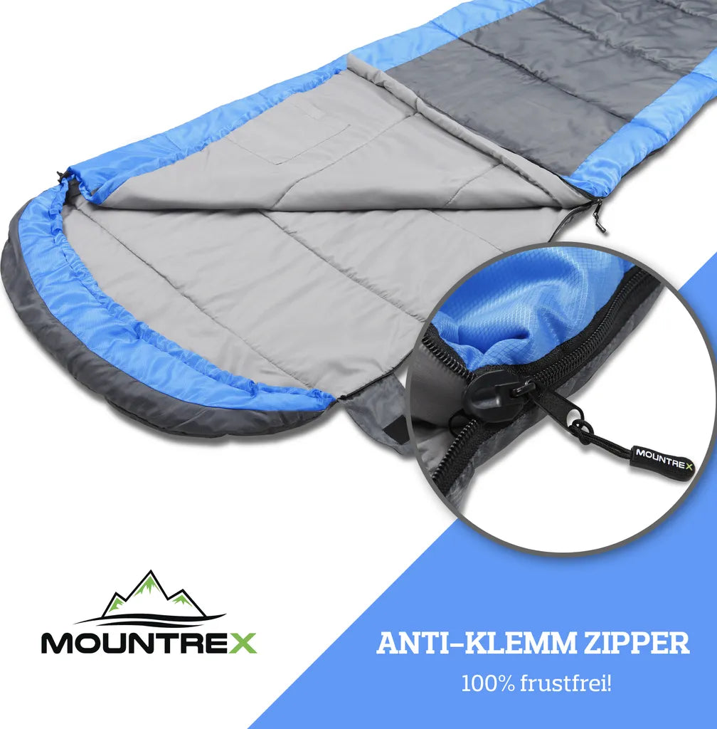  MOUNTREX® Schlafsack – Ultraleicht & Kompakt (850g) - Outdoor Sommerschlafsack - Mumienschlafsack (205x75cm) - Kleines Packmaß Und Leicht - Jugendliche Und Erwachsene + Bonus Reisekissen (Blau)