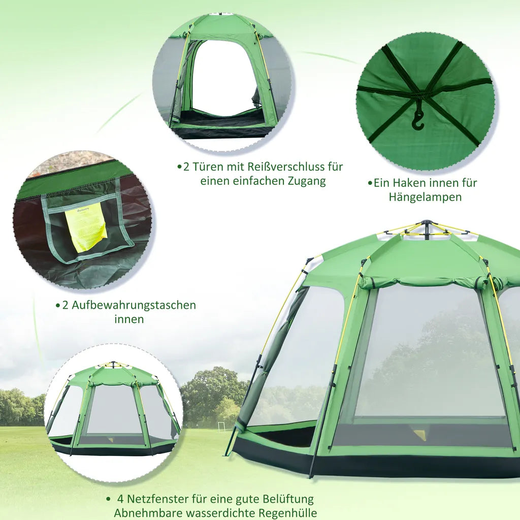  Outsunny Camping Zelt 6 Personen Zelt Familienzelt Kuppelzelt PU2000mm Einfache Einrichtung Für Familien Trekking Festival Stahl Glasfaser Grün 320 X 320 X 180 Cm