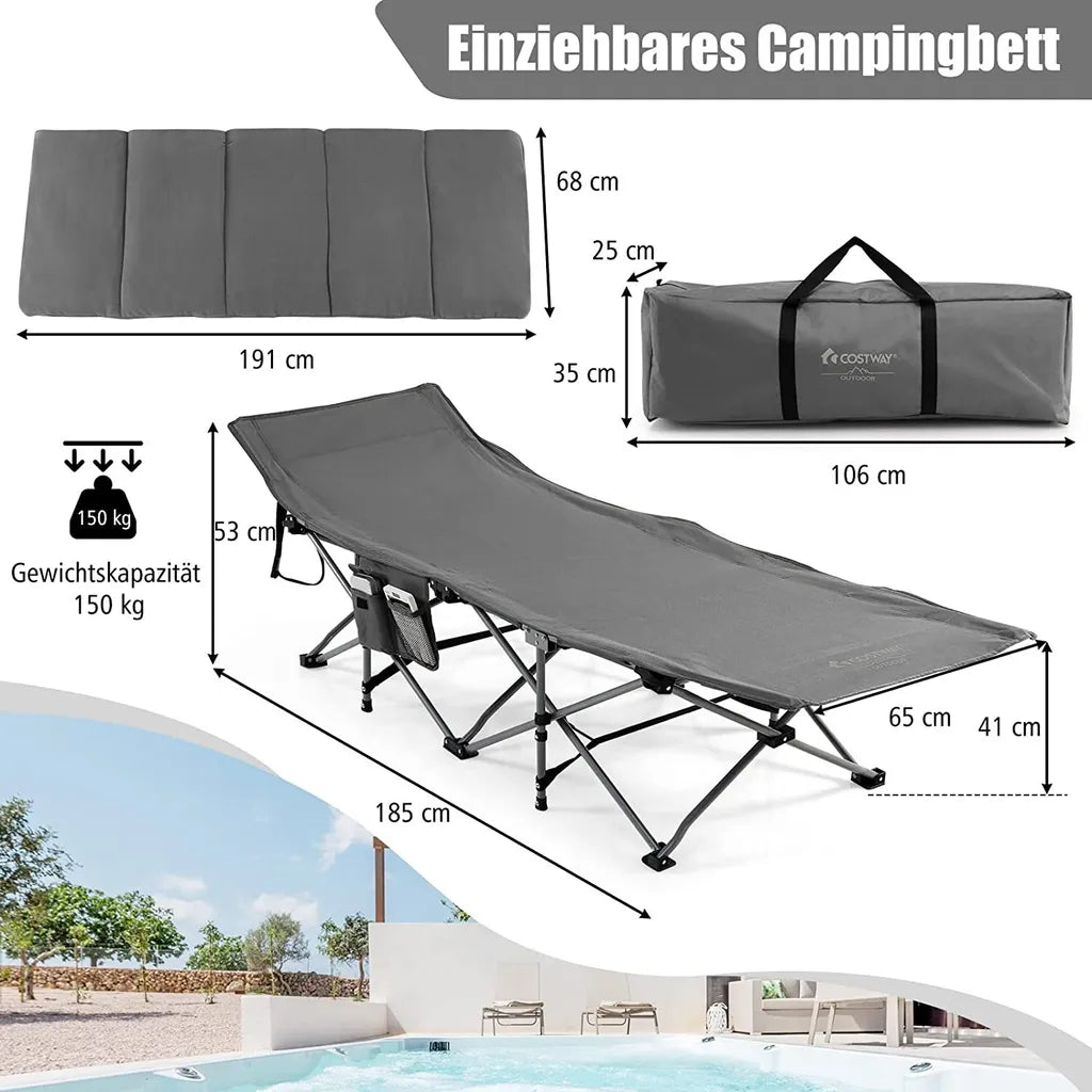  COSTWAY Feldbett Klappbar 190x67x53cm Campingbett Bis 150 Kg Belastbar Klappbett Mit Matratze, Kissen & Seitentasche, Tragbares Campingliege Inkl. Tragetasche Für Camping & Strand Grau