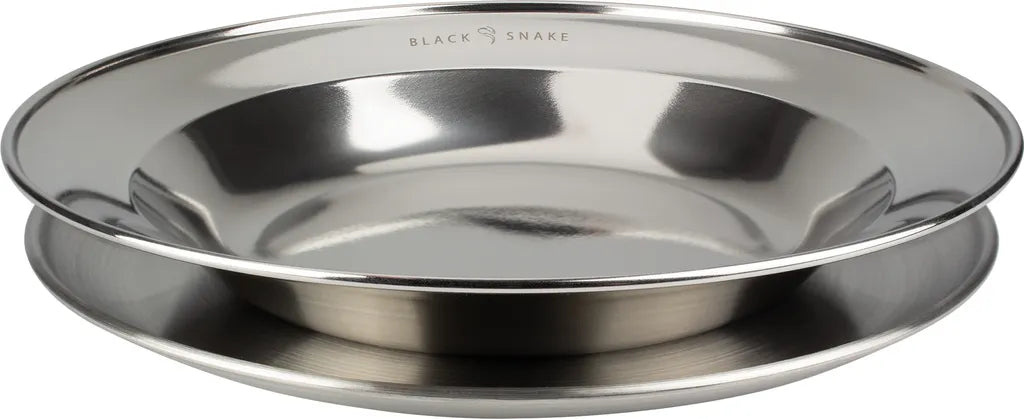  Black Snake® Flacher Und Tiefer Camping Picknick Teller Mit Besteck Plus Karabiner Haken Tasse Aus Edelstahl - 2 Personen - Set
