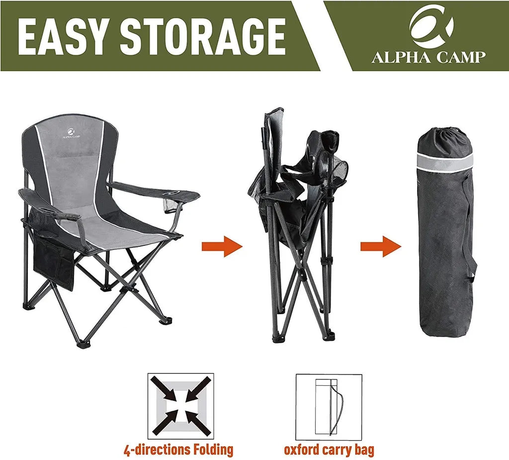  ALPHA CAMP Campingstuhl Faltbar Klappstuhl Gepolstert Mit Getränkehaltern Angelstuhl Mit Armlehnen Bis 160kg Outdoorstuhl Schwarzgrau
