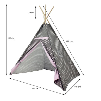  ECD Germany Spielzelt Für Kinder Mit Fenster, 115x115x160 Cm, Grau Mit Rosa Sternen, Aus Polyester - Drinnen Draußen - Kinderzelt Babyzelt Zelt Spielhaus Spielzeug Geschenkidee