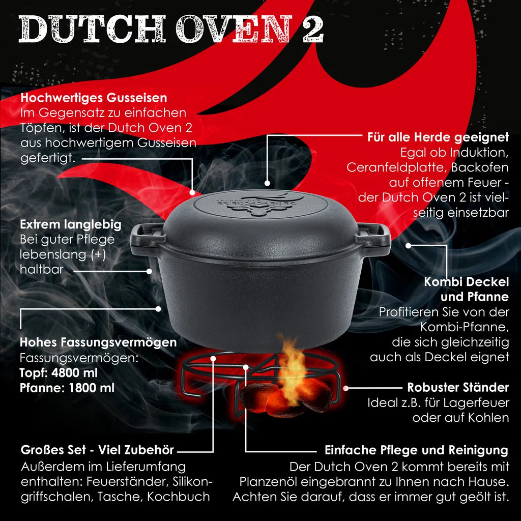  KESSER® Dutch Oven 2in1 Gusseisen Topf 4,8L Und Pfanne 1,8L Einsatzfertig Eingebrannt Inkl. Kochbuch Schmortopf Doppelfunktion Deckel/Bratpfanne Für Küche Camping Garten BBQ Backen Gasgrill, Farbe:Schwarz