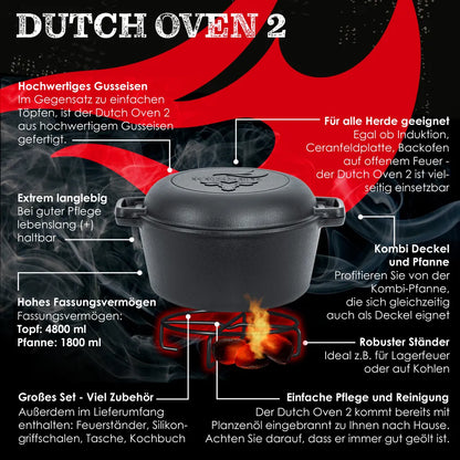  KESSER® Dutch Oven 2in1 Gusseisen Topf 4,8L Und Pfanne 1,8L Einsatzfertig Eingebrannt Inkl. Kochbuch Schmortopf Doppelfunktion Deckel/Bratpfanne Für Küche Camping Garten BBQ Backen Gasgrill, Farbe:Schwarz