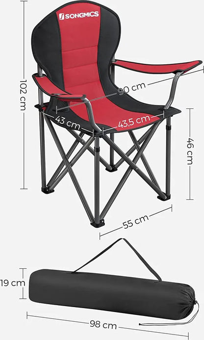  SONGMICS Campingstuhl, Klappbar, Klappstuhl, Bequemer Mit Schaumstoff Gepolsterter Sitz, Mit Flaschenhalter, Hoch Belastbar, Max. Belastbarkeit 250 Kg, Outdoor Stuhl, Rot GCB06BK