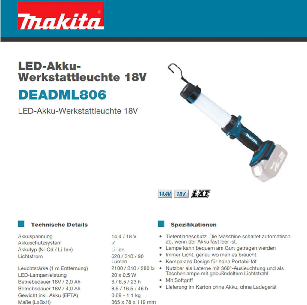  Makita® LED-Akku-Werkstattleuchte 2.100 Lx 620 Lm - DEADML806