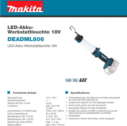  Makita® LED-Akku-Werkstattleuchte 2.100 Lx 620 Lm - DEADML806