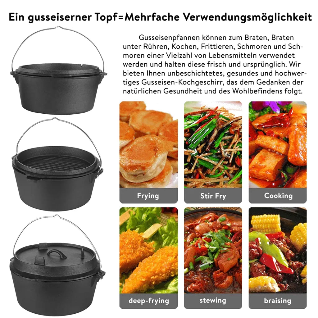 Mucola Gusseisen Feuertopf Gusstopf Inkl. Deckelgriff 2in1 Kochtopf & Pfanne 4,2L Dutch Oven Potjie Camping Kochgeschirr