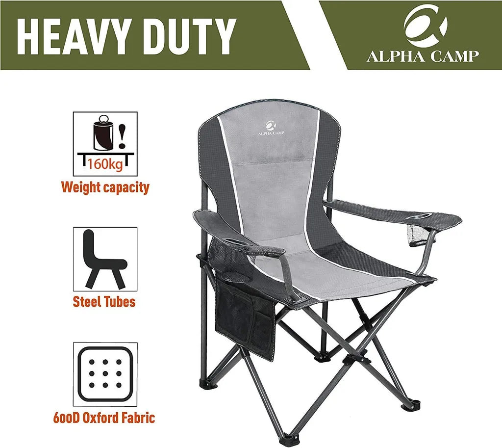  ALPHA CAMP Campingstuhl Faltbar Klappstuhl Gepolstert Mit Getränkehaltern Angelstuhl Mit Armlehnen Bis 160kg Outdoorstuhl Schwarzgrau