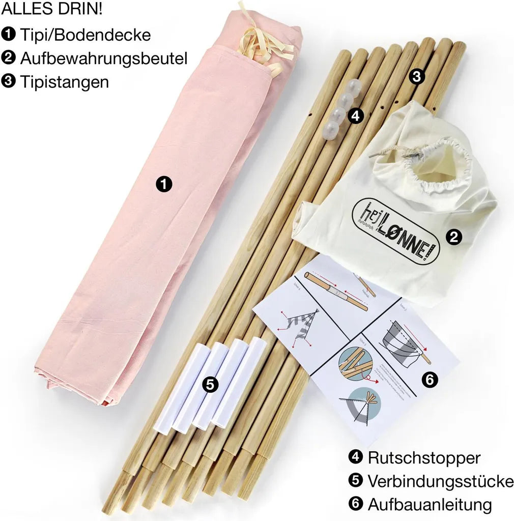  Hej Lønne Tipi Zelt Für Kinder (rosa, Einfarbig), Zelt, 4 Stangen, 120x120x150cm, Baumwolle