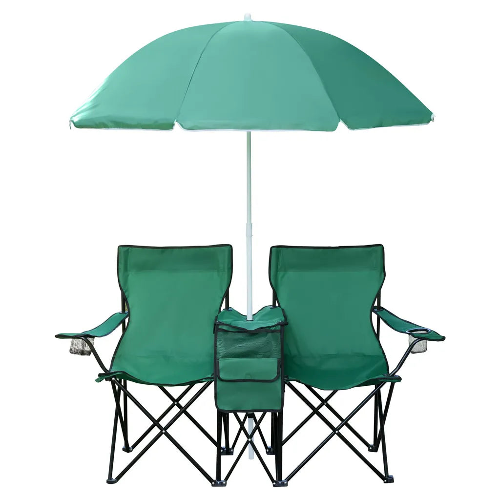  2er Partner Anglerstuhl Campingstuhl Mit Sonnenschirm Und Kühlfach, Farbe:Grün