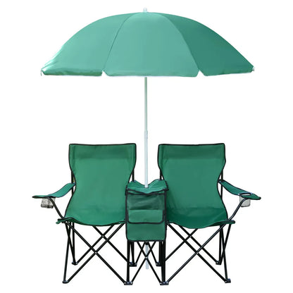  2er Partner Anglerstuhl Campingstuhl Mit Sonnenschirm Und Kühlfach, Farbe:Grün