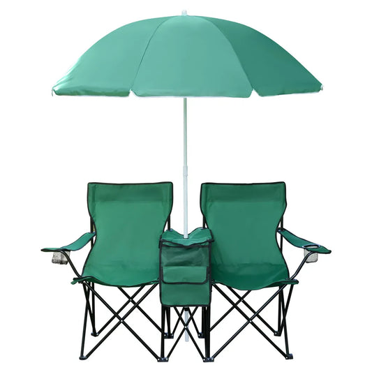  2er Partner Anglerstuhl Campingstuhl Mit Sonnenschirm Und Kühlfach, Farbe:Grün