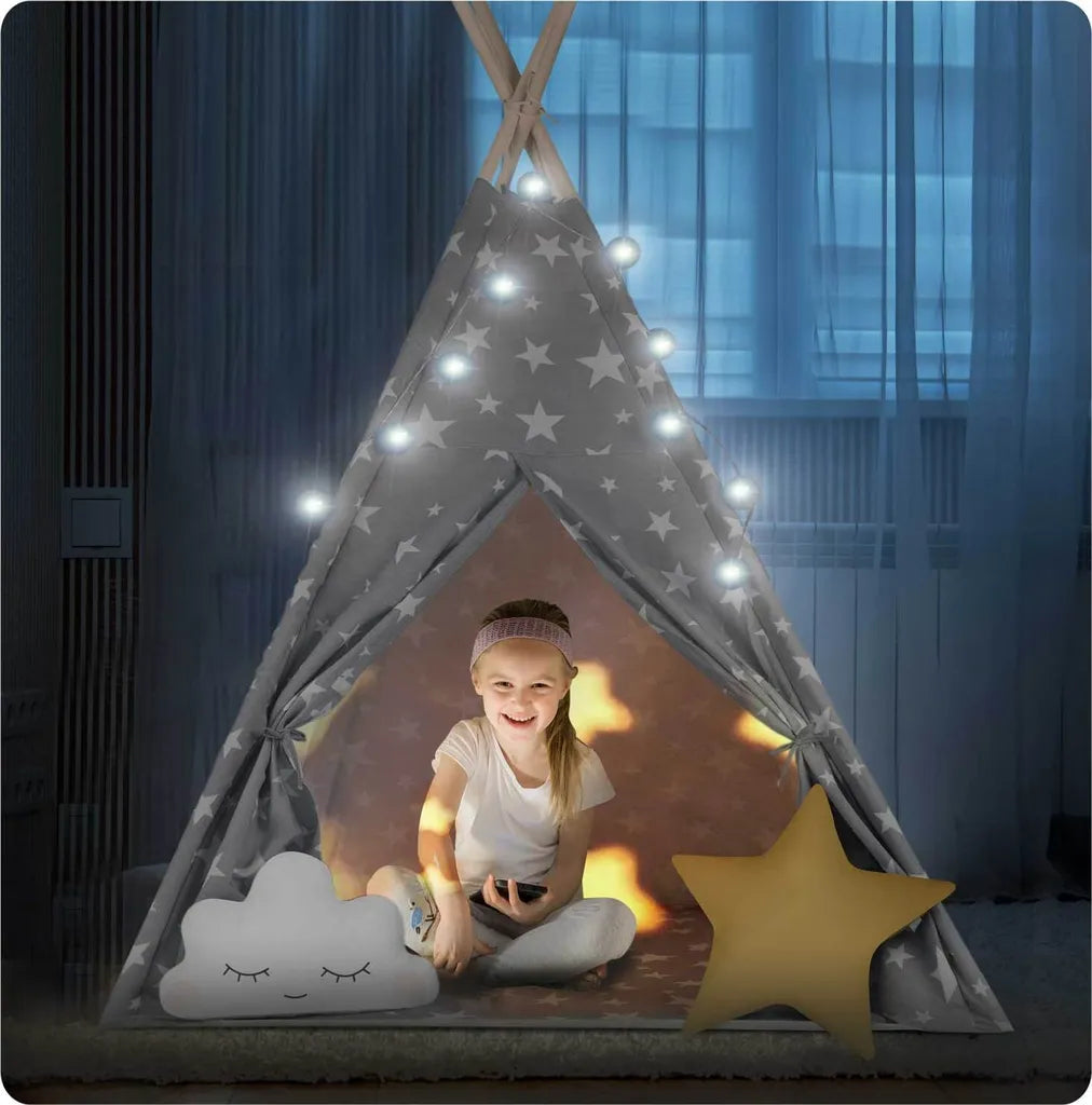  Tipi Zelt Spielzelt Baumwolle Kinderzelt Mit 2 Kissen Matratze Beleuchtung - Grau Mit Sternen