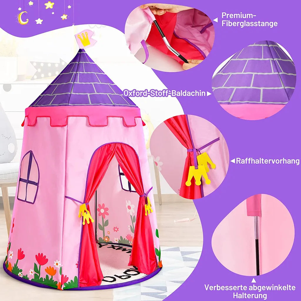  COSTWAY Spielzelt Für Kinder, Kinderhaus Mit Tragetasche & Fenstern, Kinderzelt Schloss Zelt, Spielzeugzelt Für Jungen & Mädchen, Spielhaus Für Innen Und Außen (Pink)