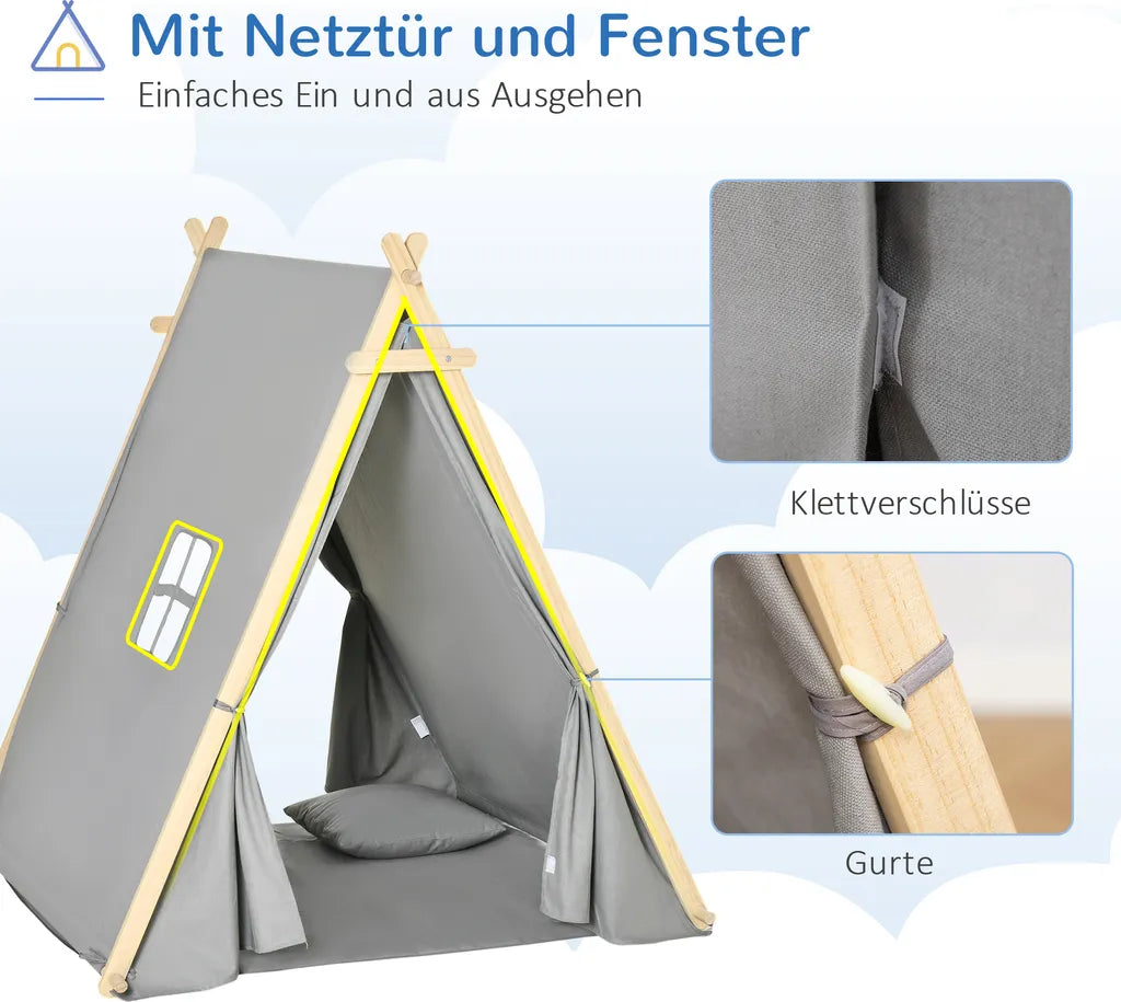  HOMCOM Kinder Teepee Tipi Zelt Mit Fenster Indoor Outdoor Kinderspielzelt Spieltipi Mit Kissen Polyester Kieferholz Lesen Spielen Ausruhen 3-6 Jahren Grau 130 X 115 X 136 Cm